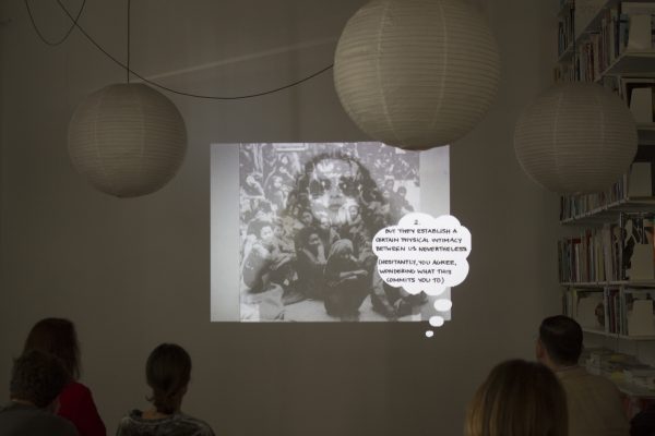 Rhea Anastas, Research on Adrian Piper (2017), lecture. Photo: Silvia Ulloa Marquez.