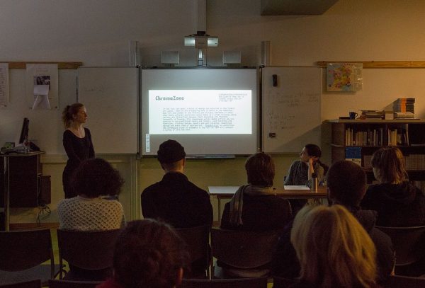 Erin Alexa Freedman and Lili Huston-Herterich, ‘Chroma Lives’, (2016), lecture. Photo: Kyle Tryhorn.