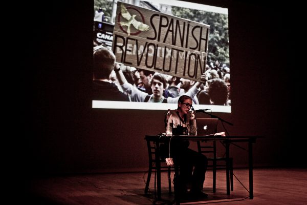 Bulegoa z/b and Isidoro Valcárcel Medina, ’18 pictures and 18 stories (#6)’ 2012, Playground Festival/STUK, Leuven. Photo: Rocío Areán Gutiérrez.