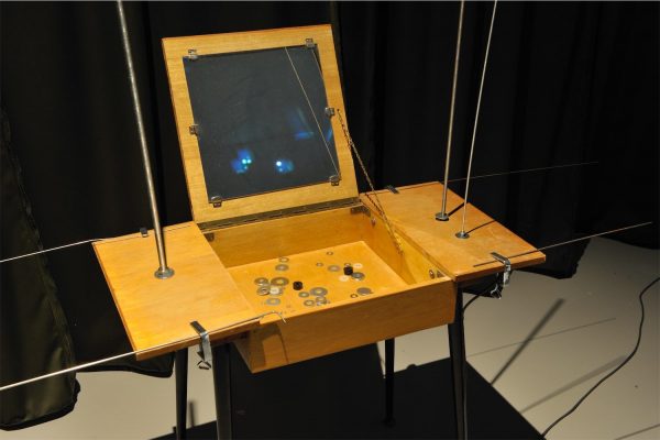 Suchan Kinoshita, ‘Detour for an audience, two disco balls, two curtains, rear windows, a physiotherapist, a psychiatrist and a dressing table’ (2008), installation/performance. Photo: Sal Kroonenberg.