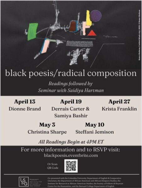 Event poster for the black poesis/radical composition series featuring the work ‘Untitled (black city)’ by Renee Gladman.