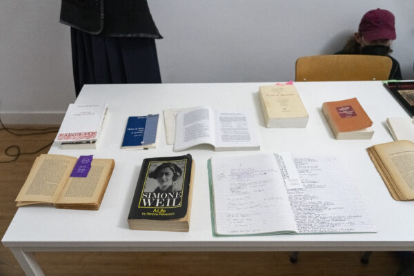 Lisa Robertson's research material for 'Anemones: A Simone Weil Project' (2021), book launch. Photo: Temra Pavlovic.