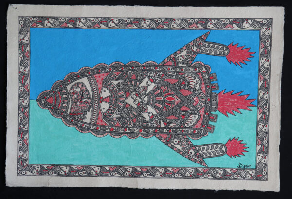 Traditional Indian Madhubani painting of a woman flying in a decorative rocket against a blue and green background.