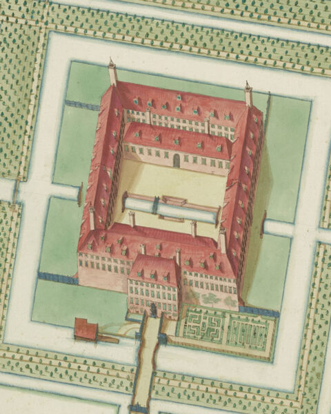 Old architectural drawing showing the aerial view of a square building with inner courtyard and four towers on its corners. The building is secluded by a water canal and rows of trees.