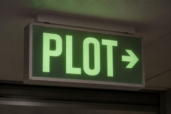 A small illuminated green sign modeled after an emergency EXIT sign displays the word “PLOT” in bold uppercase lettering alongside a directional arrow.