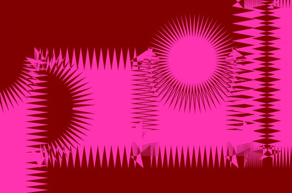 A special typographic rendition of the Arabic word for 'script' in a bright magenta pink is displayed over a brick red background. The typography presents spikes around the letters, making the word look electrified and emanating resonance and vibrations