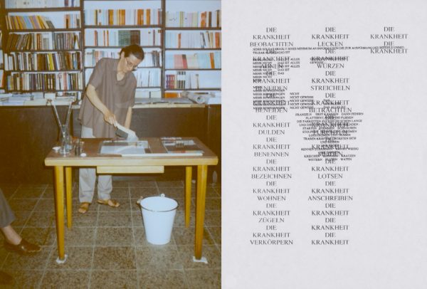 Digital collage juxtaposing two images. On the left side a photograph documenting a performance action by Anchan/Anna Daučíková, in which they are cutting glass on a wooden table placed in front of book shelves. On the right side a graphic score of Della Giustina where three columns of words in German combine the term Die Krankeit with other terms and short sentences, in two instances smaller words are placed on top with the text becoming less legible.